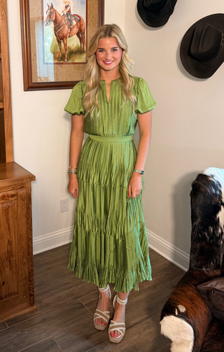 Olive Pleated Midi Dress