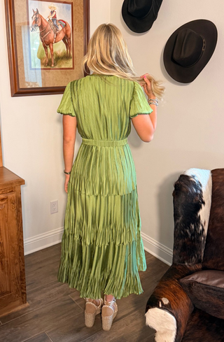 Olive Pleated Midi Dress