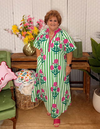 Umgee Green Stripe & Pink Floral Belted Midi Dress