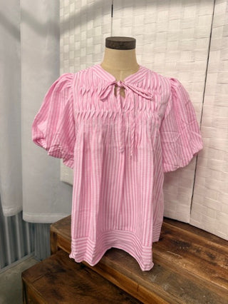 She & Sky Striped Tie Puff Sleeve Top