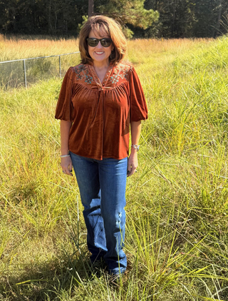 THML Puff Sleeve Velvet Western Blouse