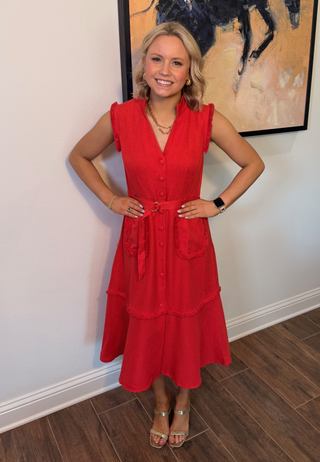 Voy Sleeveless Button Down Fringe Midi Dress