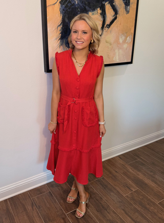 Voy Sleeveless Button Down Fringe Midi Dress