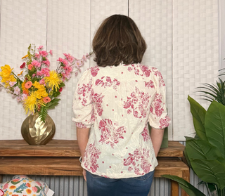 Umgee Berry Toile Ruffle Button Blouse