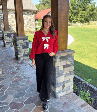 She & Sky Red Cardigan/ Sweater  with White Bows