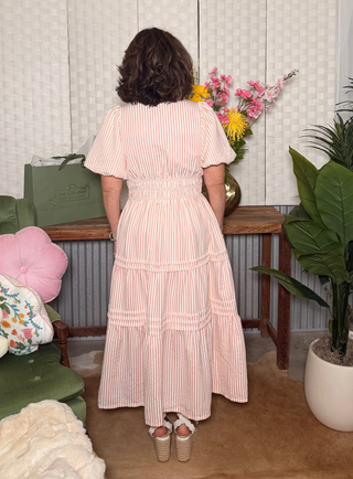 She & Sky Striped Midi Puff Sleeve Dress