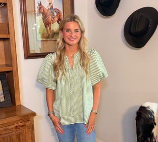 She & Sky Striped Tie Puff Sleeve Top