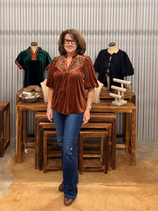 THML Puff Sleeve Velvet Western Blouse