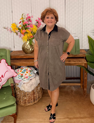 She & Sky Mocha Short Sleeve Button Down Twill Mini Shirt Dress