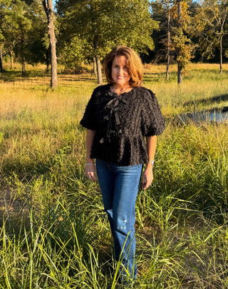 THML Puff Sleeve Black Textured Top