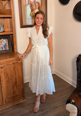 She & Sky Ruffle Sleeve Eyelet Midi Dress