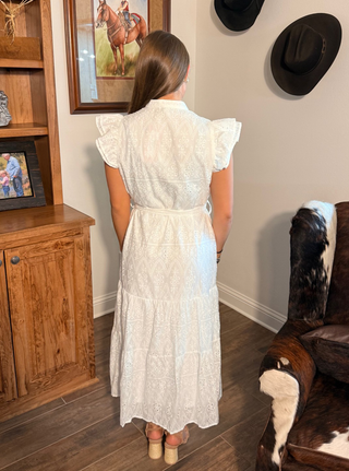 She & Sky Ruffle Sleeve Eyelet Midi Dress