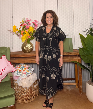 Umgee Embroidered Palm Button Front Maxi Dress