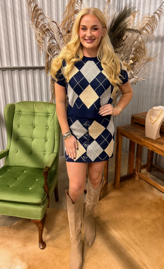 Navy Argyle Sweater & Skirt Set