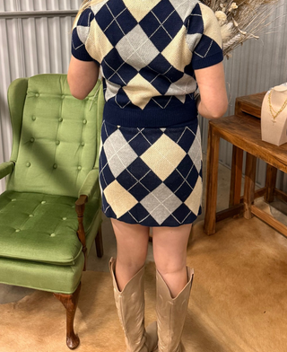 Navy Argyle Sweater & Skirt Set