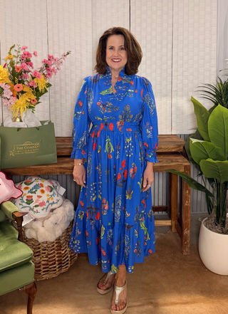 Umgee Royal Blue Botanical Smocked Midi Dress