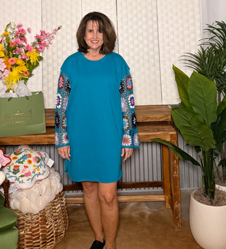 Umgee Crochet Sleeve Sweatshirt Dress
