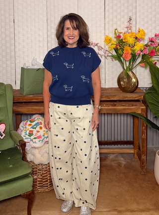 Peach Love Polka Dot Printed Barrel Denim Pants