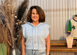 Powder Blue Pearl-Embellished Knit Hoodie Vest