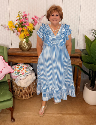 Umgee Bluebell Ruffle Stripe Midi Dress