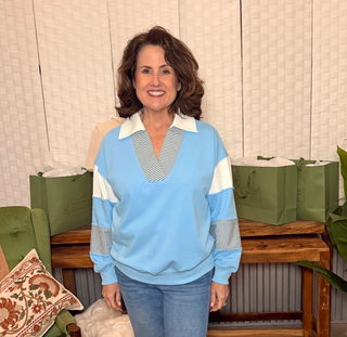 She & Sky Color Block Sleeve V Neck French Terry Shirt