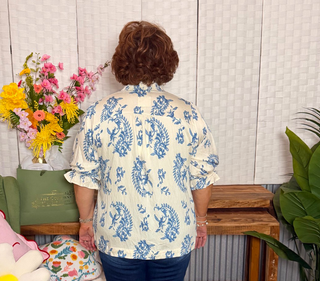 Umgee Floral Toile Smocked Detail Blouse