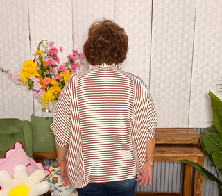 AnnieWear Stripe Ruffle Neck Flowy Blouse