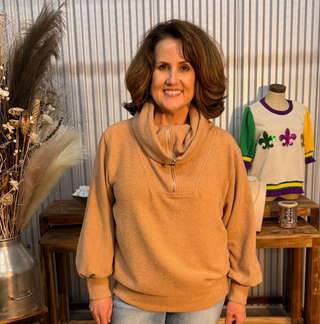 Cozy  Camel Funnel Neck Zip Pullover