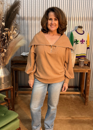 Cozy  Camel Funnel Neck Zip Pullover