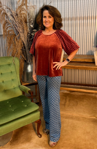 Umgee Rose Velvet Textured Sleeve Blouse