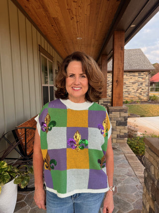 Mardi Gras Checkered Fleur-de-Lis Sweater Vest
