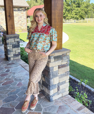 Risen Mid Rise Fit Cropped Barrel Pants with Leopard Cuffs