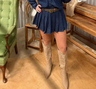 Dark Wash Pleated Denim Skirt