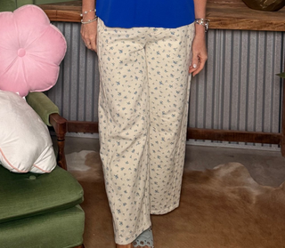 Hyfve Cream jeans with blue cornflowers