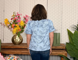 Umgee Blue Floral Pinstripe Puff Sleeve Top