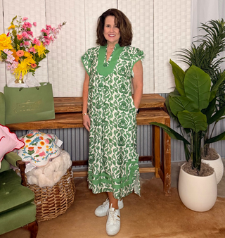 Umgee Green Floral Border Midi Dress