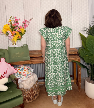Umgee Green Floral Border Midi Dress