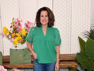 Umgee Green Textured Top with Lace Contrast Sleeves