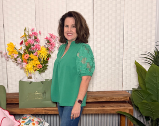 Umgee Green Textured Top with Lace Contrast Sleeves