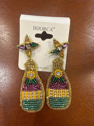 Mardi Gras Champagne Bottle Beaded Earrings