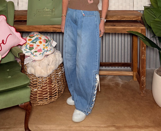 Peach Love Side Slit Eyelet Lace Up Barrel Denim Jeans
