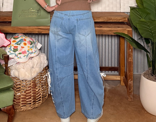 Peach Love Side Slit Eyelet Lace Up Barrel Denim Jeans