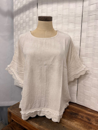 Umgee Linen Blend Frayed Hem Top