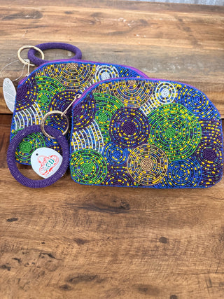 Mardi Gras Swirls Beaded Wristlet w/ Ring