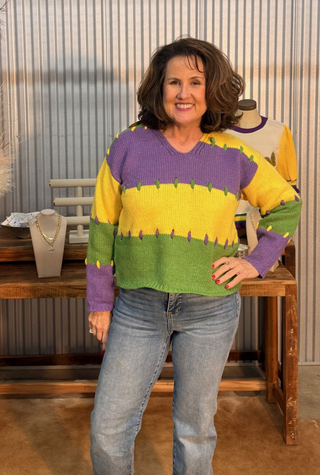 Mardi Gras Color Block Stitched Sweater