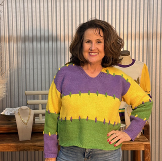 Mardi Gras Color Block Stitched Sweater