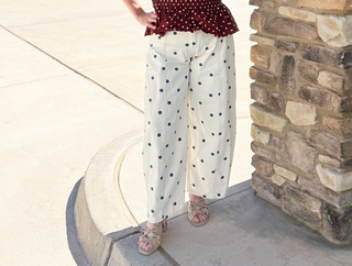 Peach Love Polka Dot Printed Barrel Denim Pants