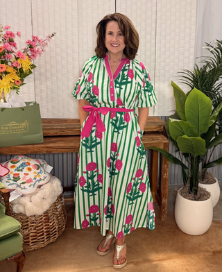 Umgee Green Stripe & Pink Floral Belted Midi Dress