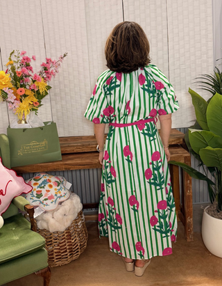 Umgee Green Stripe & Pink Floral Belted Midi Dress