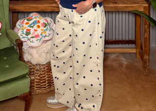 Peach Love Polka Dot Printed Barrel Denim Pants